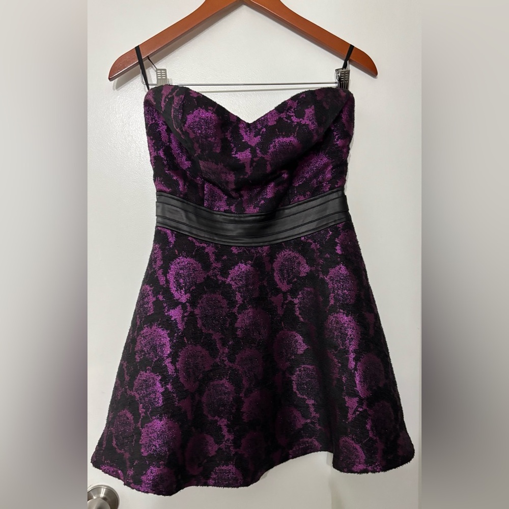 Bebe Women Strapless Metallic Mini Dress Purple and Black Size Medium